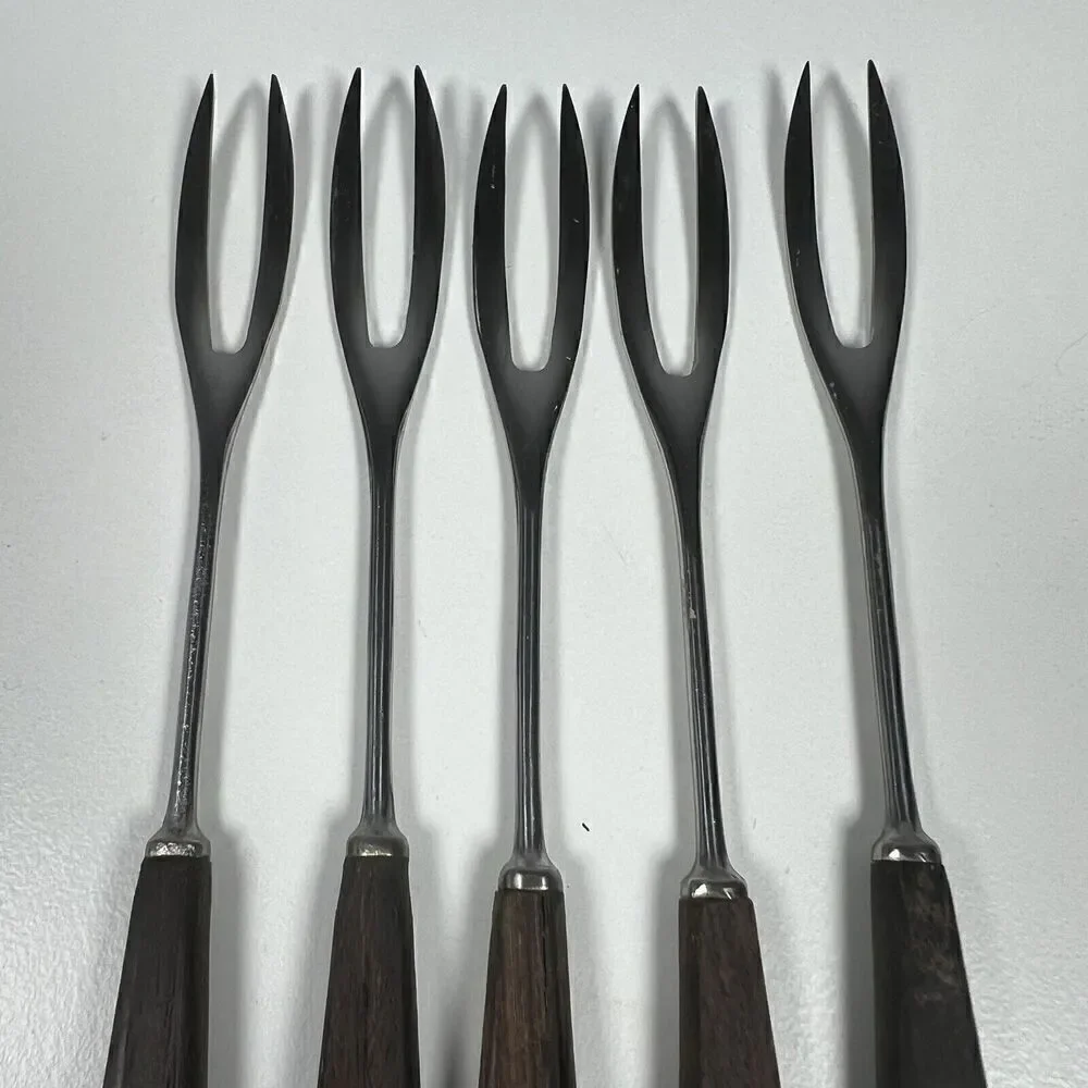 Vintage Fondue Fork Set 5 Dark Wood Handles Made in Japan Unbranded 10.5”